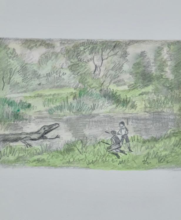 Armel DE WISMES - Original Drawing - Pencils - Crocodile hunting 2