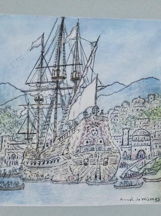 Armel DE WISMES - Original Drawing - Pencils - Galleon in the bay