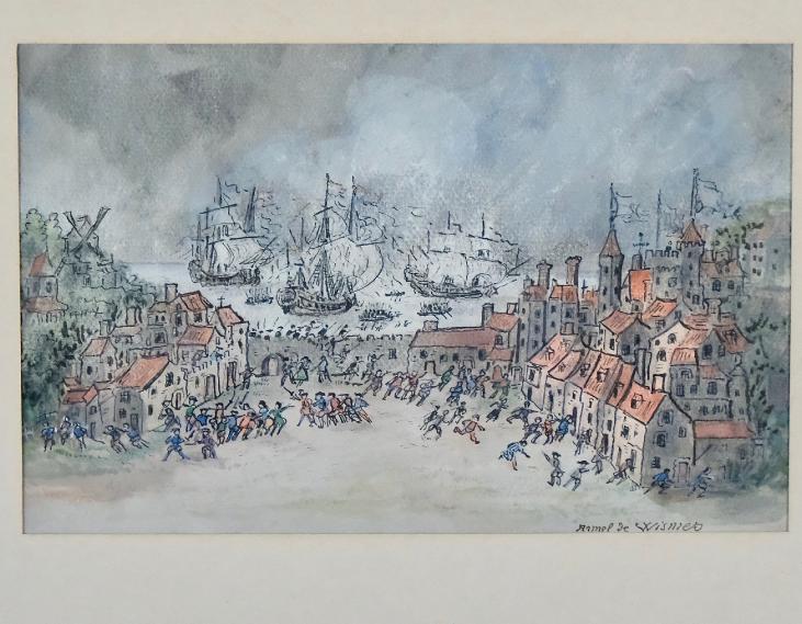 Armel DE WISMES - Original Painting - Watercolor - The arrival of the conquerors