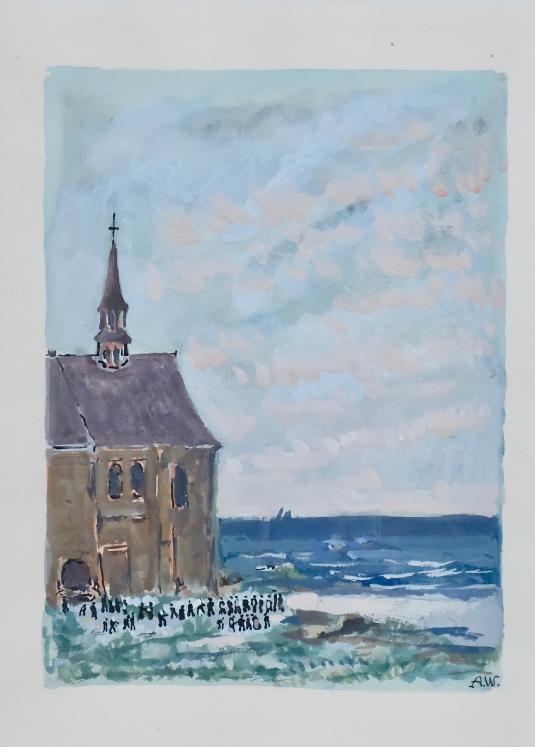 Armel DE WISMES - Original Painting - Watercolor - The exit from mass near the coast