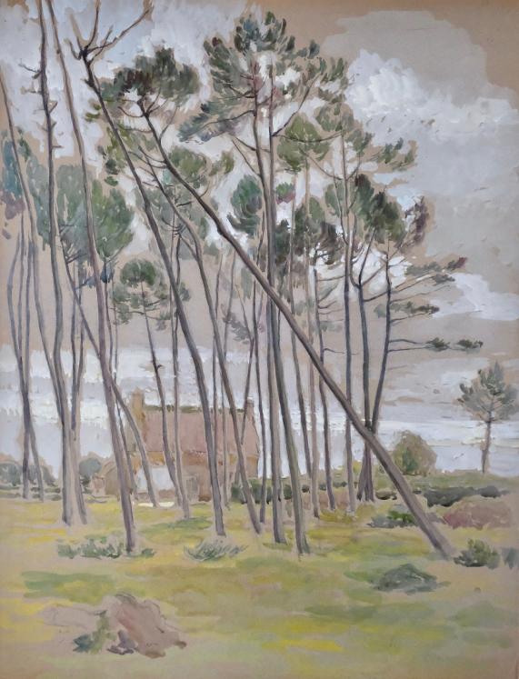 Paul CORDONNIER - Original Painting - Watercolor - Seaside pine trees, Brittany