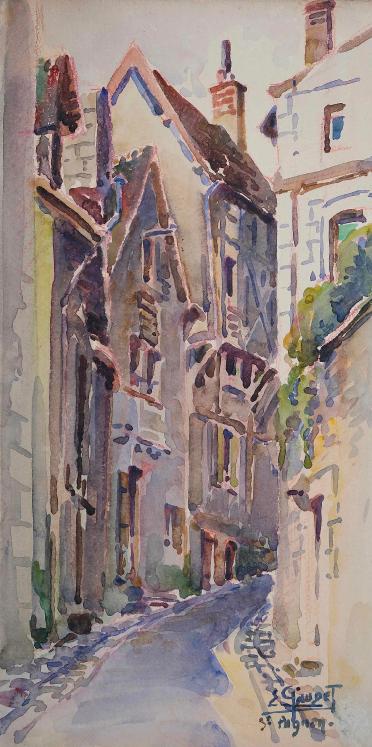 Etienne GAUDET - Original painting - Watercolor - Narrow street in St Aignan, Val de Loire