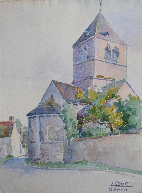 Etienne GAUDET - Original painting - Watercolor - Door of St Bohaire church, Val de Loire