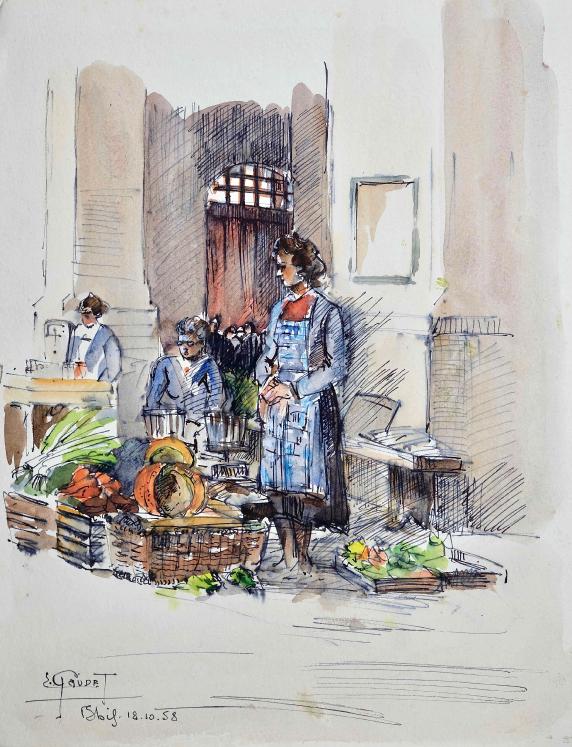 Etienne GAUDET - Original painting - Watercolor - Blois market 1