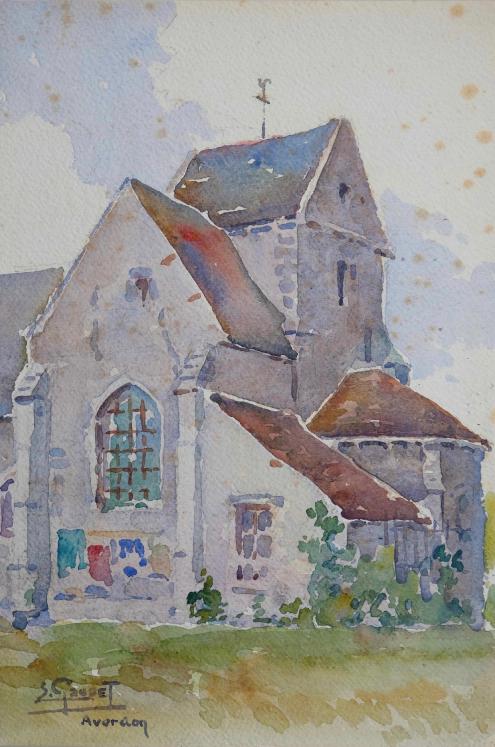 Etienne GAUDET - Original painting - Watercolor - Church in St-Lubin d'Averdon, Val de Loire