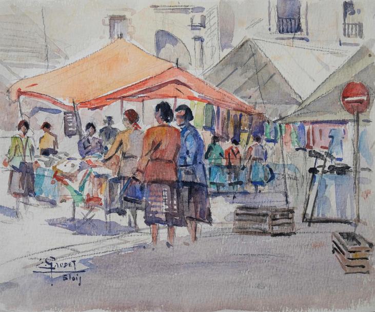 Etienne GAUDET - Original painting - Watercolor - Blois market 2