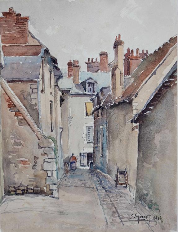 Etienne GAUDET - Original painting - Watercolor - Rue in Blois