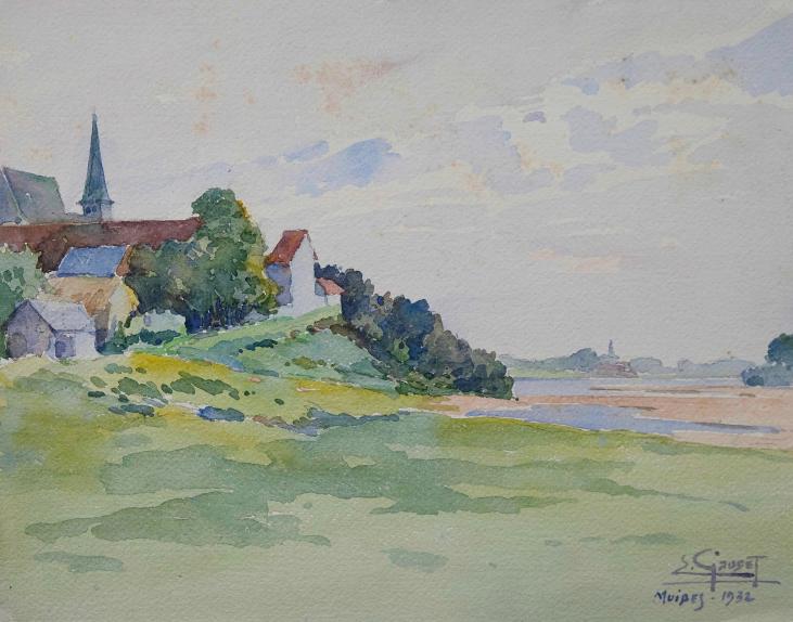 Etienne GAUDET - Original painting - Watercolor - Muides landscape