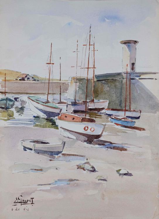 Etienne GAUDET - Original painting - Watercolor - Croix de vie, The entrance to the port