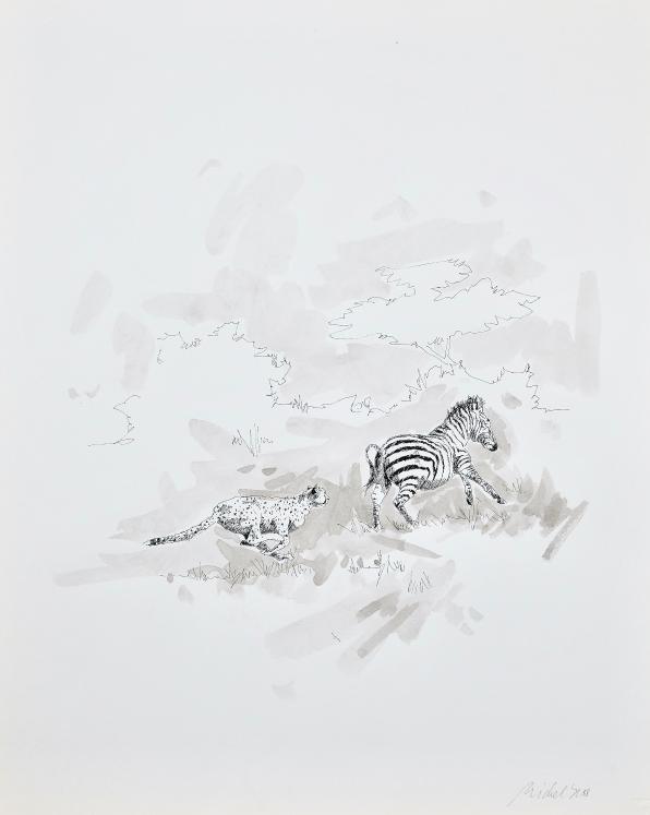 Jean-Claude LÉONARD MICHEL - Print - Lithograph - Zebra in flight from the leopard