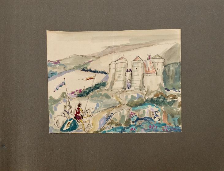 Armel DE WISMES - Original Painting - Watercolor - Arrival at the castle