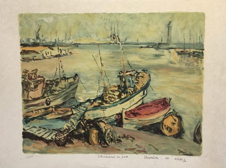 Eric BATTISTA - Original print - Lithograph - Trawler at the port of Sete