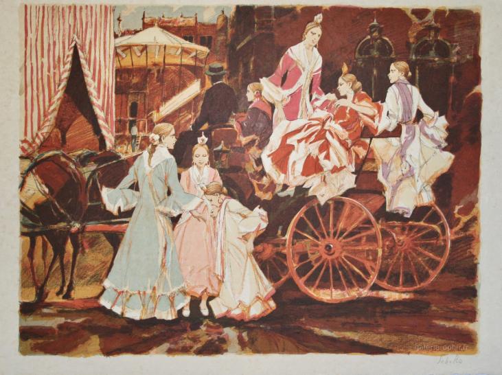 Saito SABURO - Original print - Lithography - The arrival of the Spanish dancers