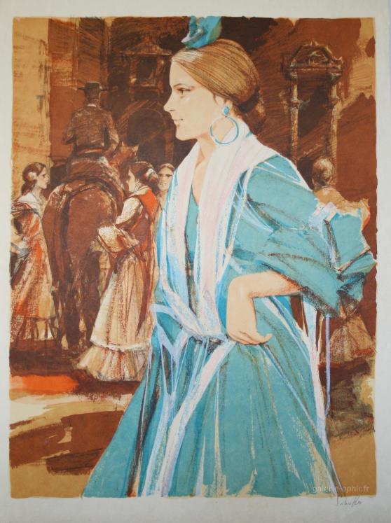 Saito SABURO - Original print - Lithography - Spanish dancer in blue