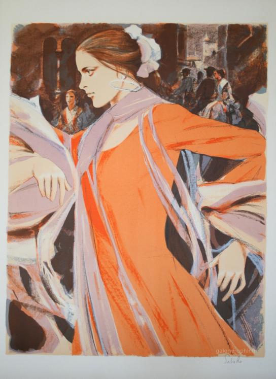 Saito SABURO - Original print - Lithography - Spanish woman in an orange dress