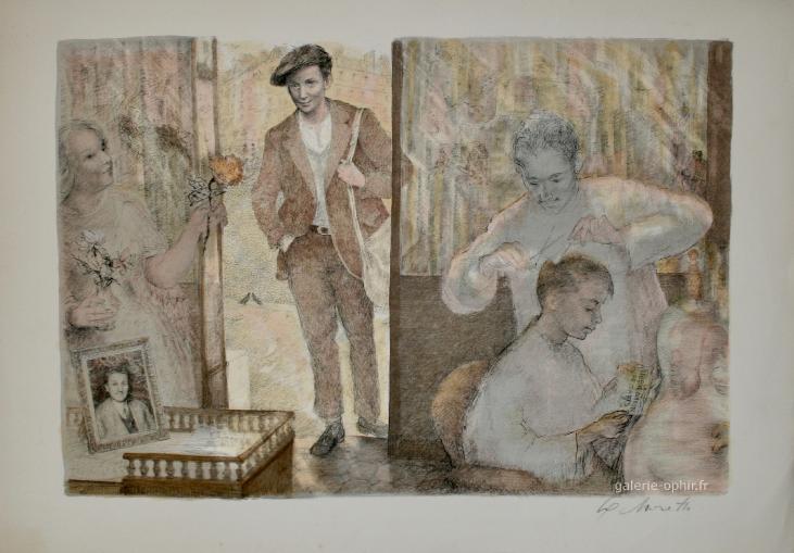 Lucien Philippe MORETTI - Original print - Lithograph - Bag of marbles, the hairdresser