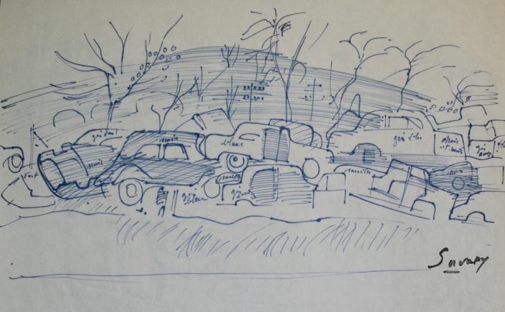 Robert SAVARY - Original drawing - Felt - Study for a car junkyard