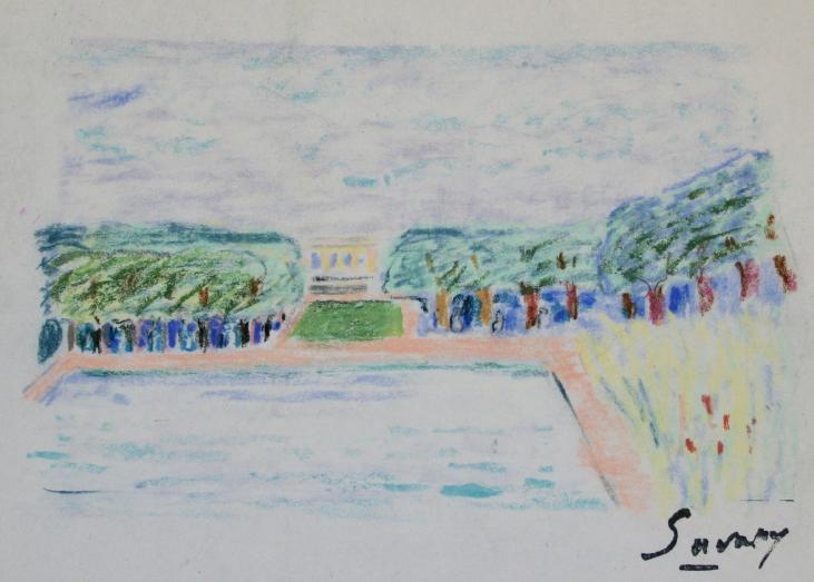 Robert SAVARY - Original drawing - Pastel - Walk in the Palace of Versailles