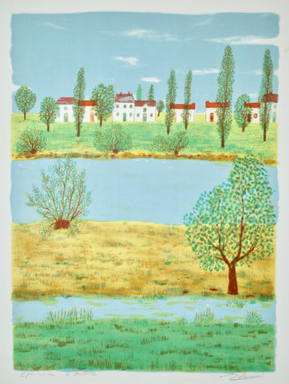 Maurice LOIRAND - Original print - Lithograph - Houses by the river