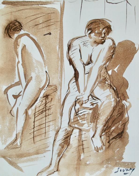 Robert SAVARY - Original painting - Ink wash - Nude in front of the mirror