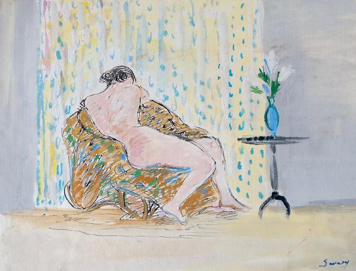 Robert SAVARY - Original painting - Gouache - Nude with Irises