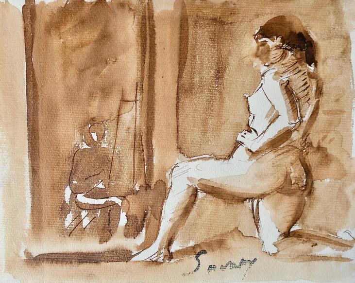 Robert SAVARY - Original painting - Ink wash - The painter and his model 49