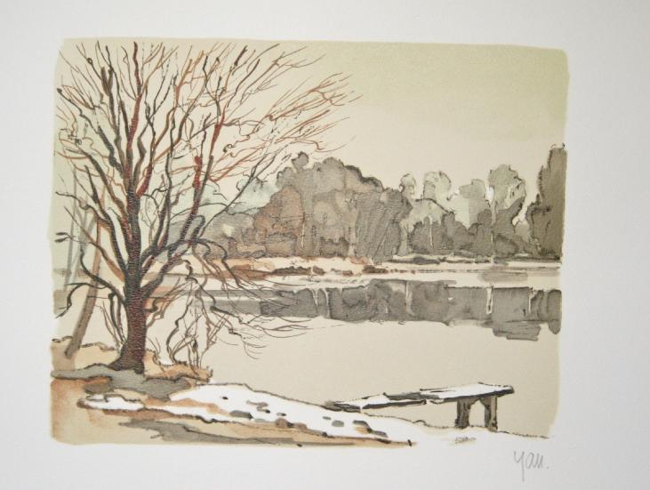 Robert YAN - Original print - Lithograph - Snowy pontoon