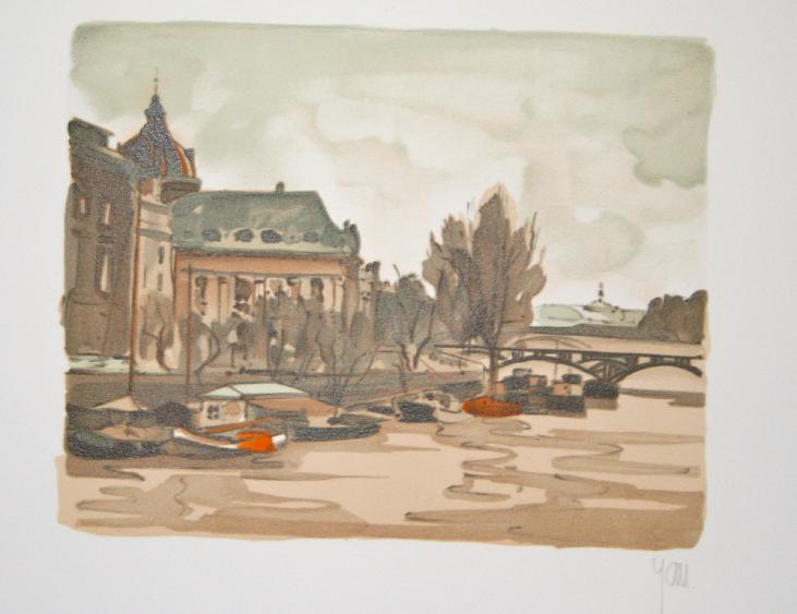 Robert YAN - Original print - Lithograph - Barges in Paris