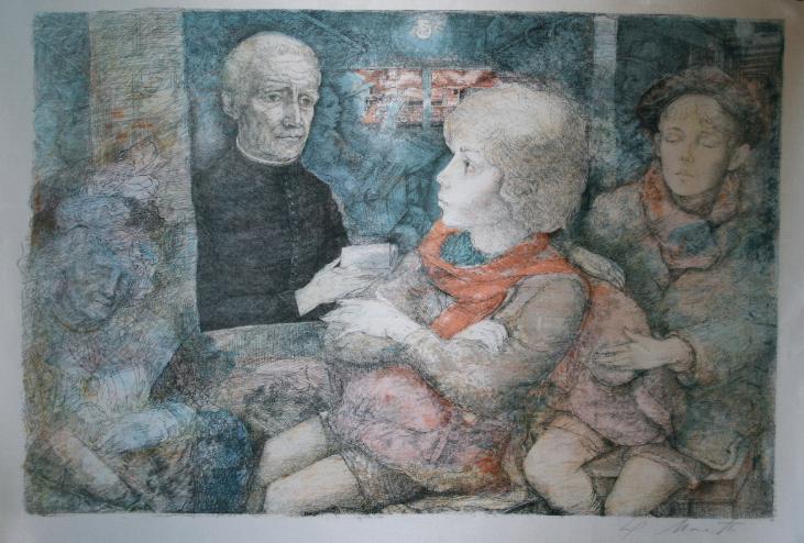 Lucien Philippe MORETTI - Original print - Lithograph - Bag of marbles, In the train with the priest
