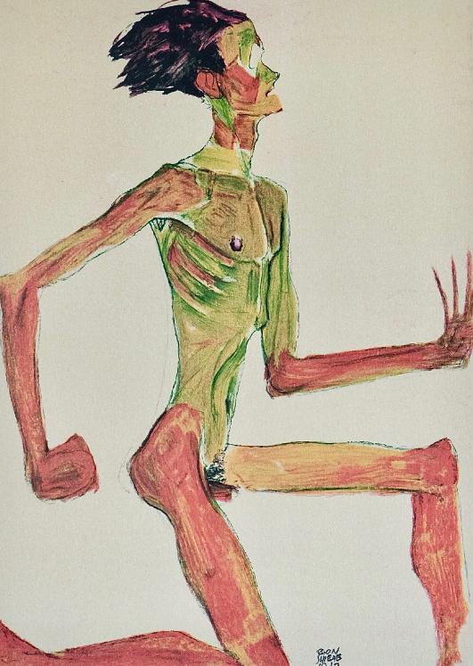 Egon SCHIELE - Print - Lithograph - Kneeling Male Nude in Profile, Facing Right, 1910
