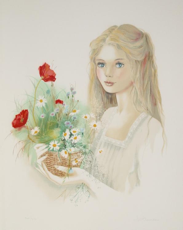 Valerie MANZANO - Original print - Signed lithograph - The young girl with the bouquet