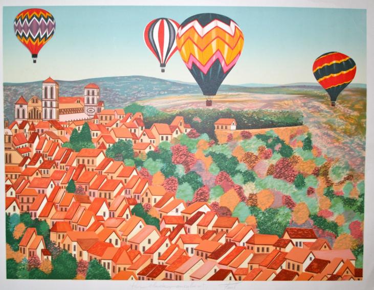 François LEDAN dit FANCH - Estampe originale - Lithographie - Hot air balloons over the village