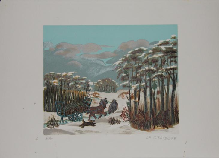 Mady DE LA GIRAUDIERE - Original print - Lithograph - The wood cutter in the snow
