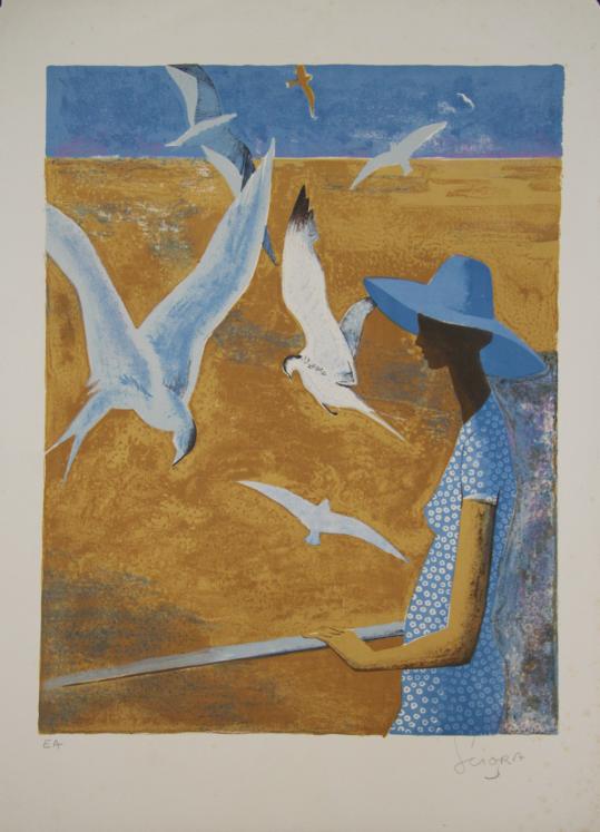 Daniel SCIORA - Original print - Lithograph - Woman at the beach in blue hat