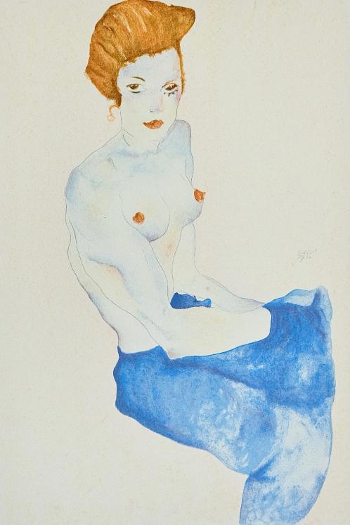 Egon SCHIELE - Print - Lithograph - Seated Girl with Bare Torso and Light Blue Skirt