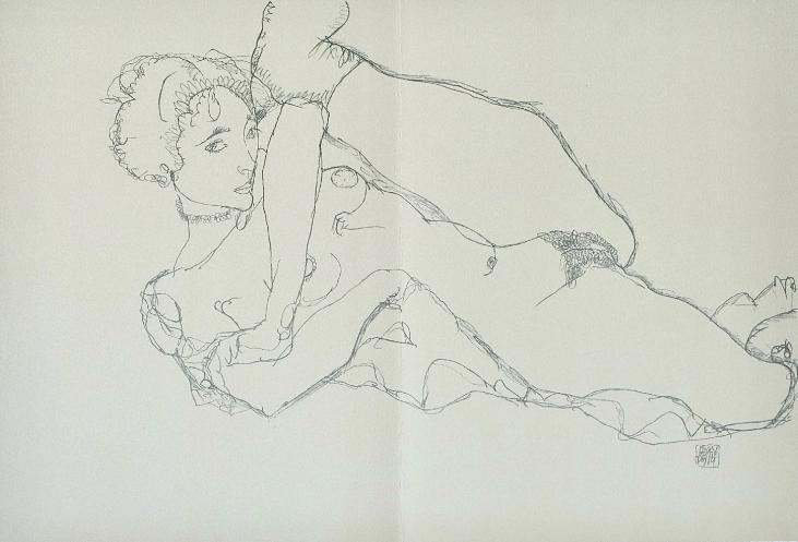 Egon SCHIELE - Print - Lithograph - Reclining Nude, left leg raised, 1914