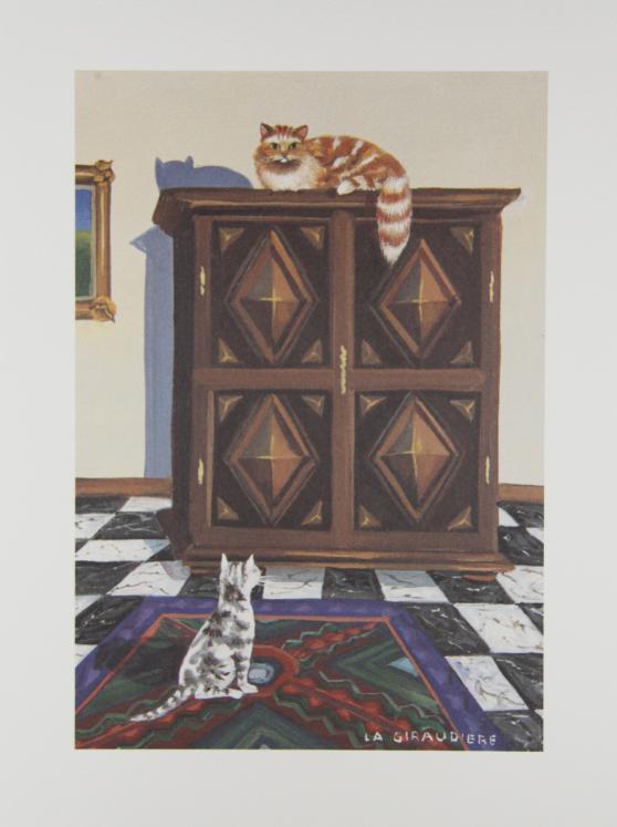 Mady DE LA GIRAUDIERE - Print - Lithograph - The cat perched on the sideboard