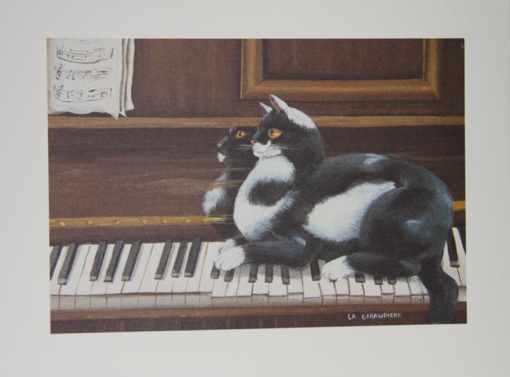 Mady DE LA GIRAUDIERE - Print - Lithograph - The cat on the piano
