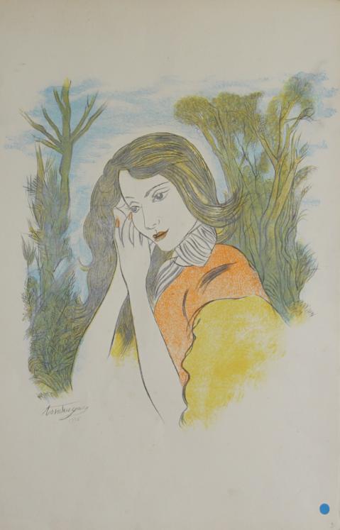 Louis TOUCHAGUES - Original print - Lithograph - Young woman in the woods