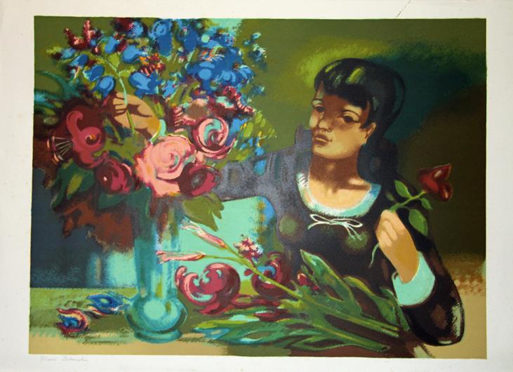 Pierre BAUDIN - Original print - Lithograph - Young woman with bouquet