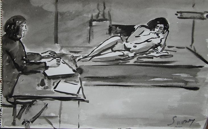 Robert SAVARY - Original painting - Watercolor - The painter and his nude model 1