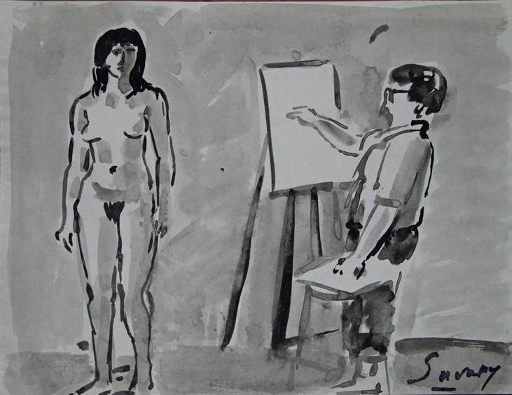 Robert SAVARY - Original painting - Ink wash - The painter and his nude model 9