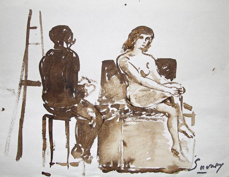 Robert SAVARY - Original painting - Ink wash - The painter and his nude model 11
