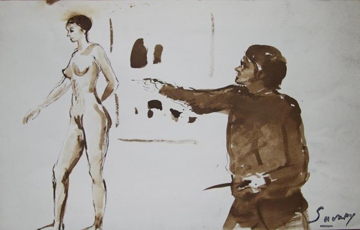 Robert SAVARY - Original painting - Ink wash - The painter and his nude model 13