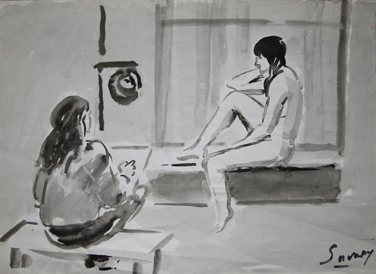 Robert SAVARY - Original painting - Ink wash - The painter and his nude model 14