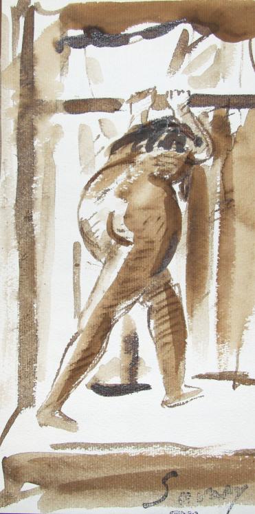 Robert SAVARY - Original painting - Ink wash - Naked woman bending over