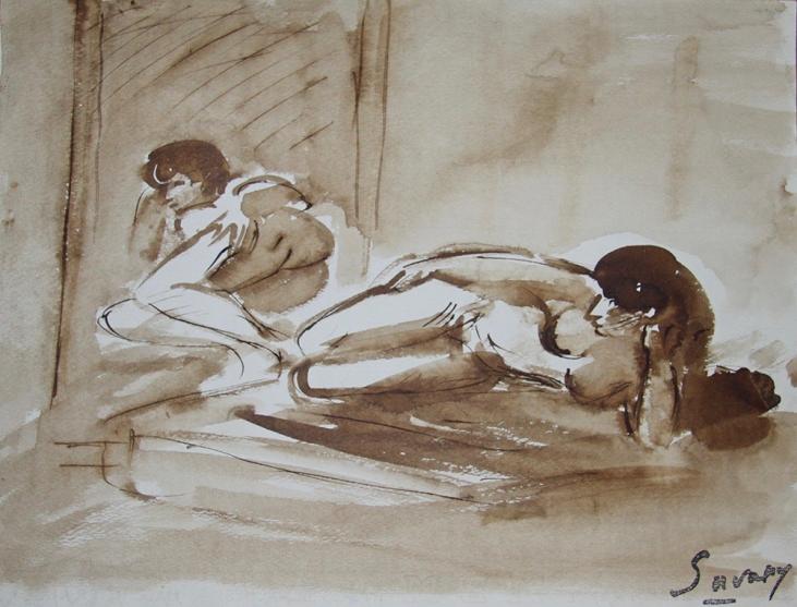 Robert SAVARY - Original painting - Ink wash - Naked woman in front of her mirror