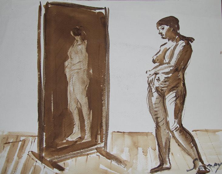 Robert SAVARY - Original painting - Ink wash - Naked woman in front of her mirror 2