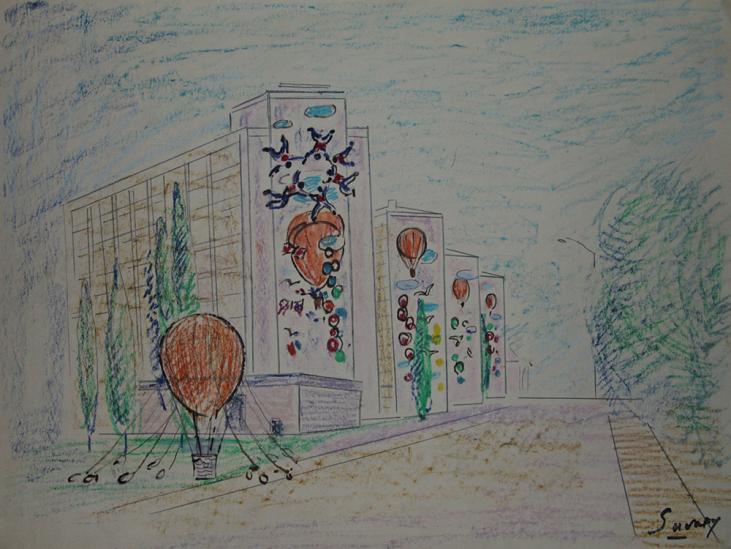 Robert SAVARY - Original drawing - Pastel - Study for buildings, hot air balloons