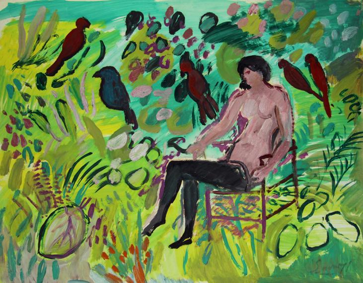 Robert SAVARY - Original painting - Gouache - Naked woman in the garden with parrots